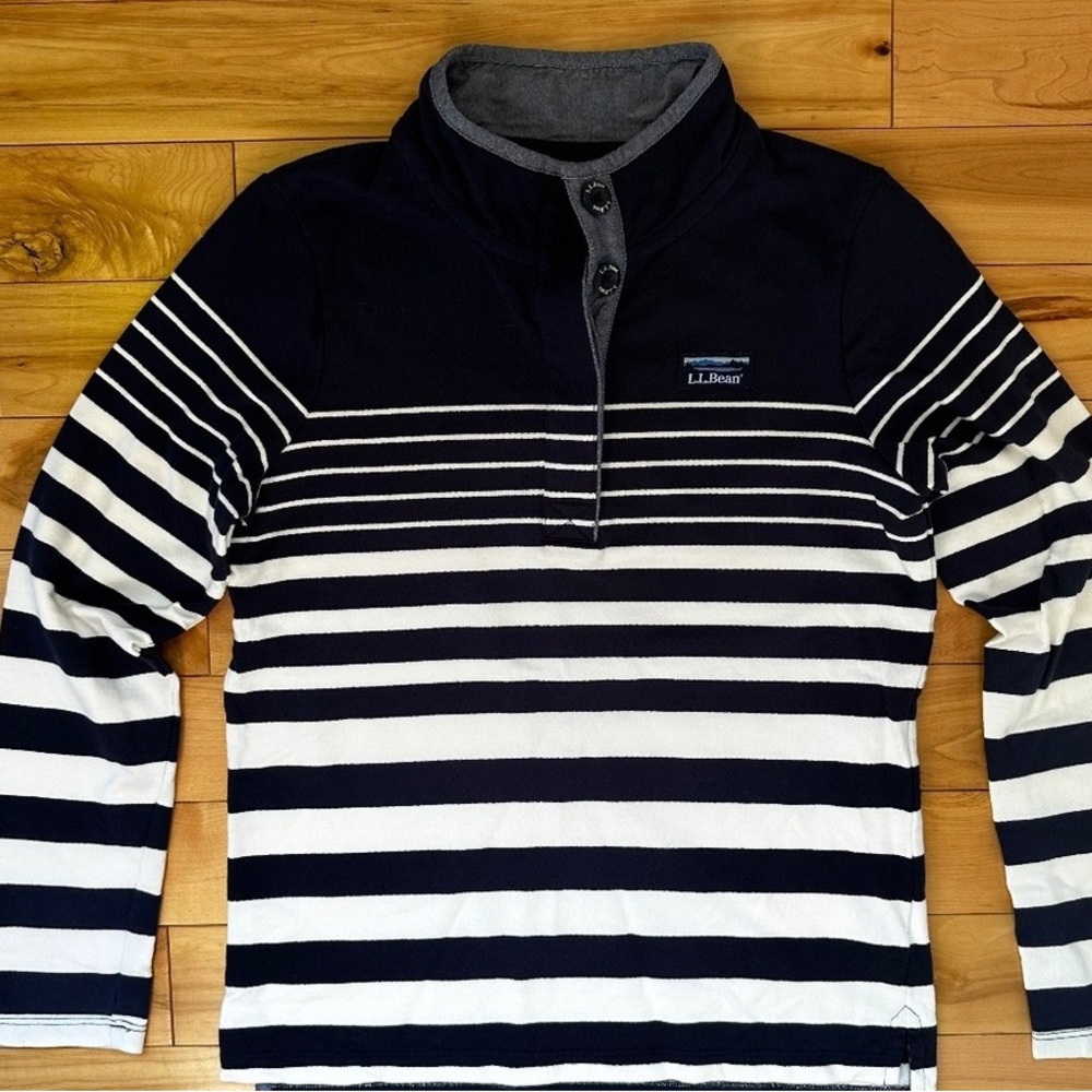 L.L. Bean Men's Navy and White Striped Zip Up Sweater